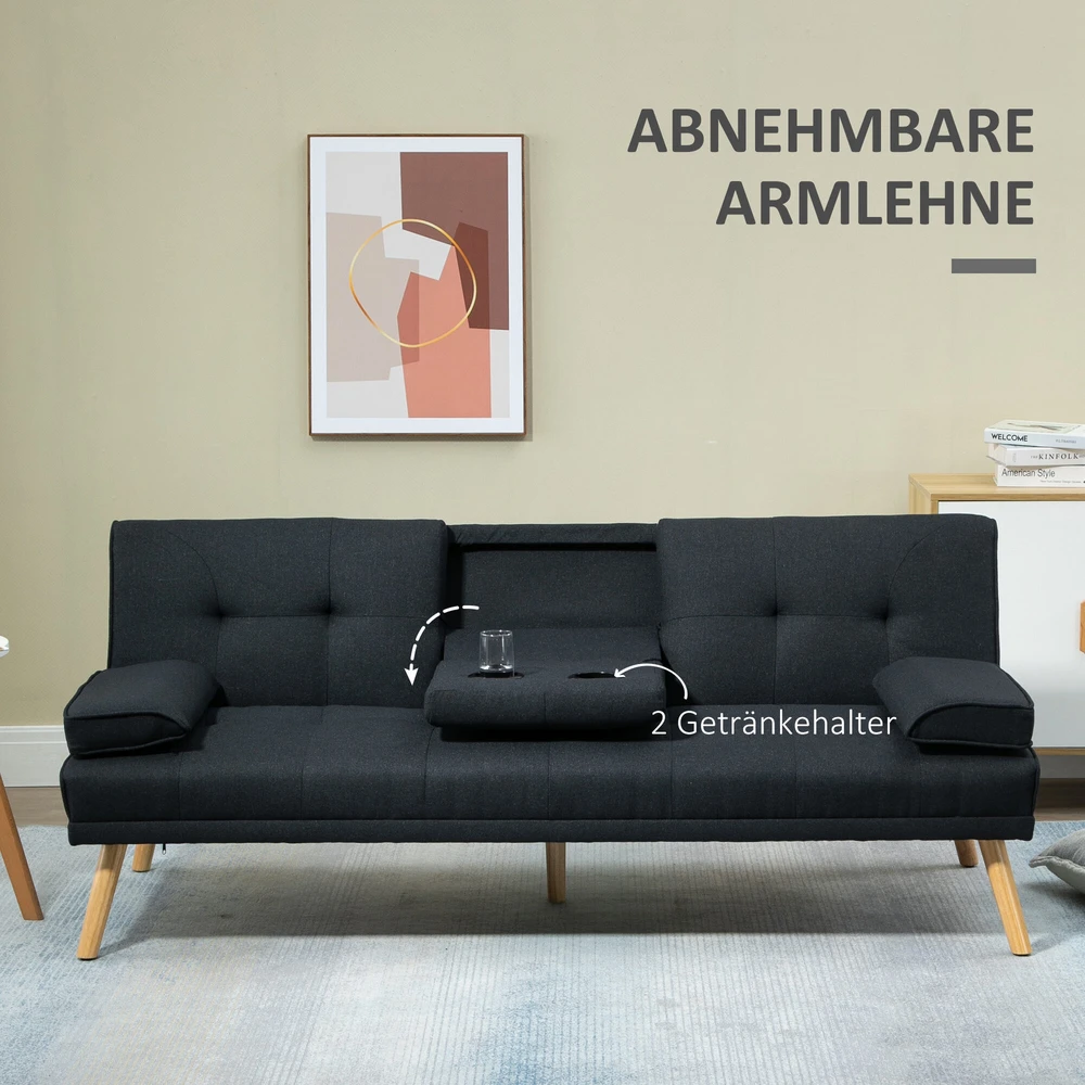 HOMCOM sofa-lova, 3 vietų išskleidžiama sofa su atlenkiamu staliuku, puodelių laikikliais, sofos lova su lino imitacijos audiniu, skandinaviško dizaino, išlaikanti iki 250 kg svorį, svetainei, pilka