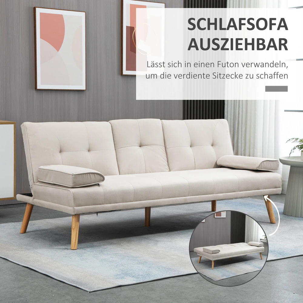 HOMCOM sofa-lova, 3 vietų sofa, sofa-lova su sulankstomu staliuku, audinio sofa su lino efektu, skandinaviško dizaino, išlaikanti iki 250 kg svorį