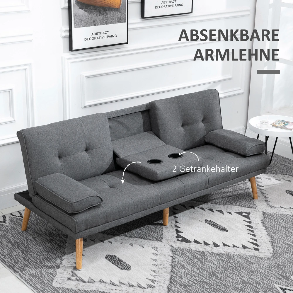 HOMCOM sofa lova, 3 vietų sofa, sofa-lova su atlenkiamu staliuku, puodelių laikikliu, skandinaviško dizaino, tamsiai pilka, iki 250 kg