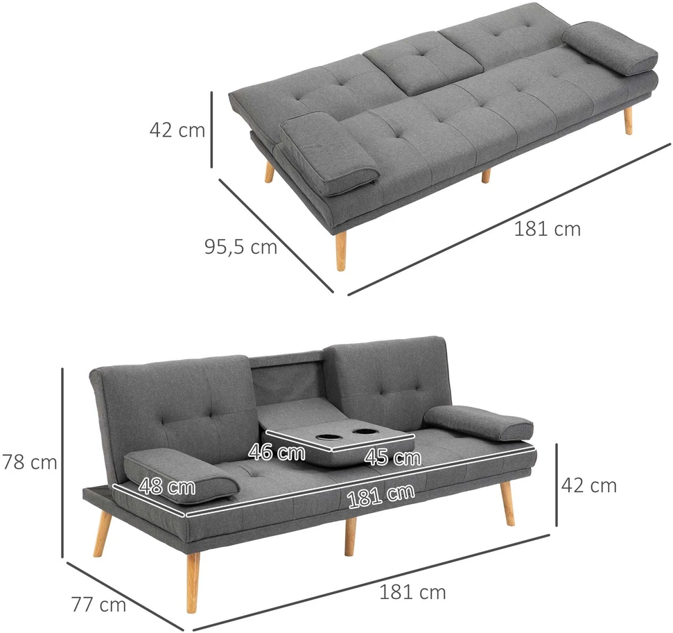 HOMCOM sofa lova, 3 vietų sofa, sofa-lova su atlenkiamu staliuku, puodelių laikikliu, skandinaviško dizaino, tamsiai pilka, iki 250 kg