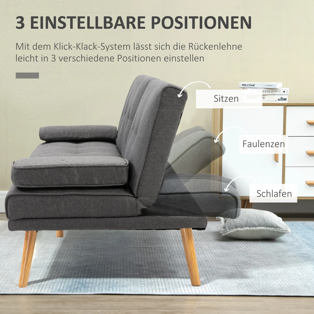 HOMCOM sofa lova, 3 vietų sofa, sofa-lova su atlenkiamu staliuku, puodelių laikikliu, skandinaviško dizaino, tamsiai pilka, iki 250 kg