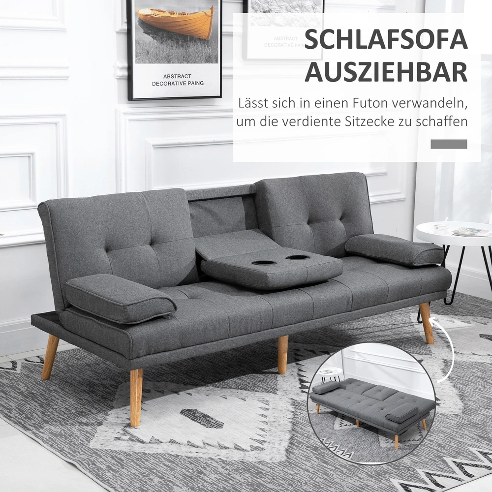 HOMCOM sofa lova, 3 vietų sofa, sofa-lova su atlenkiamu staliuku, puodelių laikikliu, skandinaviško dizaino, tamsiai pilka, iki 250 kg