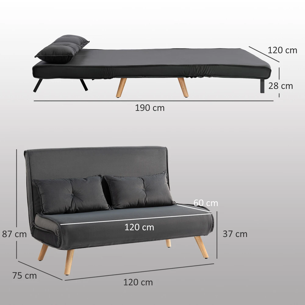 HOMCOM 2 vietne skalves sofa, sofa-lova, sofa-lova, transformuojama į lovą, reguliuojama atlošas, audinio apmušalas, metalinis rėmas, pilka