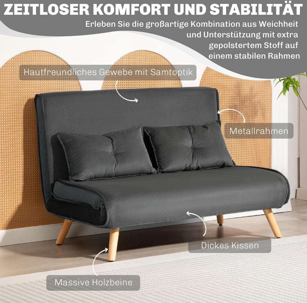 HOMCOM 2 vietne skalves sofa, sofa-lova, sofa-lova, transformuojama į lovą, reguliuojama atlošas, audinio apmušalas, metalinis rėmas, pilka