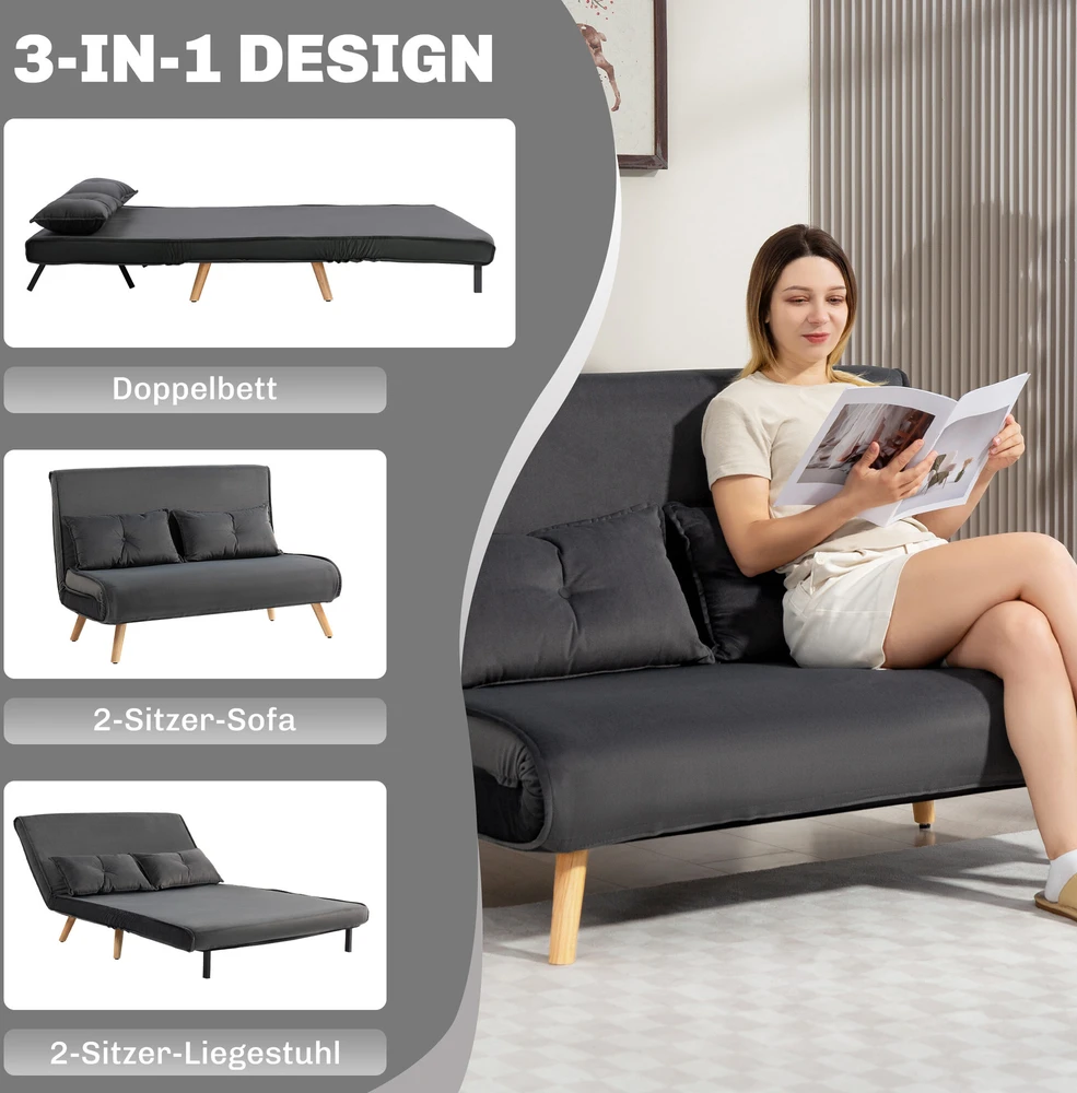 HOMCOM 2 vietne skalves sofa, sofa-lova, sofa-lova, transformuojama į lovą, reguliuojama atlošas, audinio apmušalas, metalinis rėmas, pilka