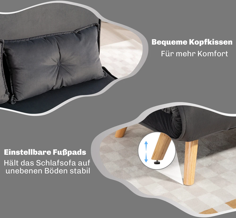 HOMCOM 2 vietne skalves sofa, sofa-lova, sofa-lova, transformuojama į lovą, reguliuojama atlošas, audinio apmušalas, metalinis rėmas, pilka