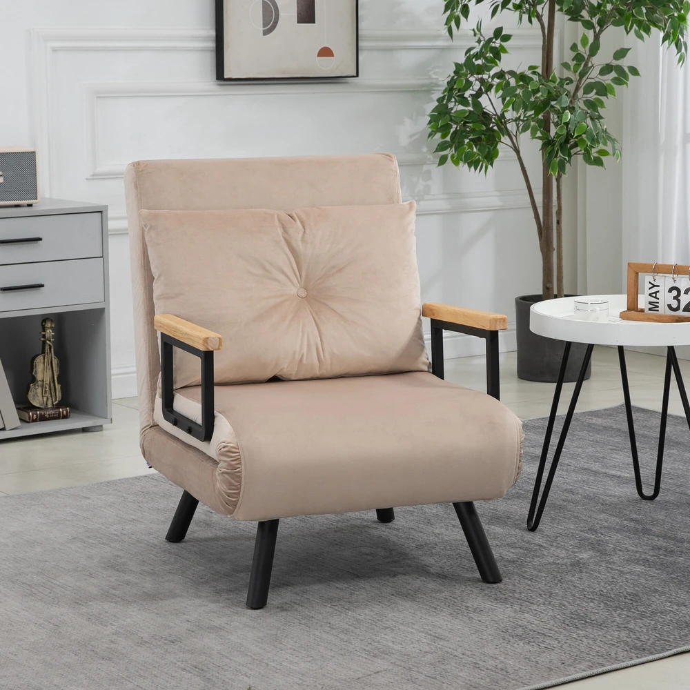 HOMCOM sofa lova, poilsio fotelis su miegamąja funkcija, svečių lova su aksomo išvaizda, nugaros pagalvėlė, paminkštinta sofa su reguliuojamu atlošu, smėlio spalvos, 63 x 73 x 81 cm