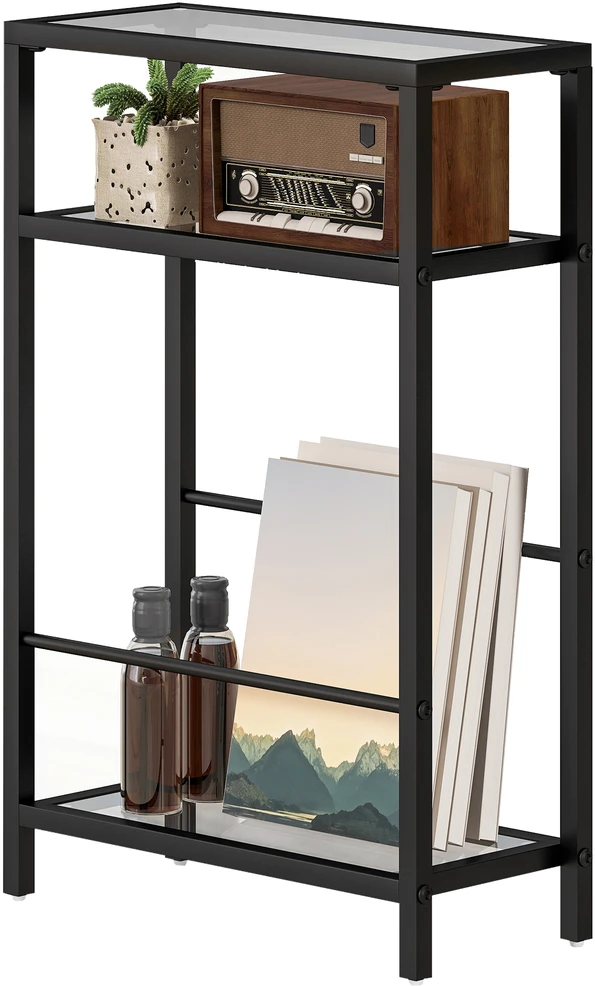 HOMCOM pagalbinis staliukas, mažas kavos staliukas su 3 pakopomis, grūdinto stiklo stalviršis, modernus naktinis staliukas, sofos staliukas su plieniniu rėmu svetainei, miegamajam, juodas