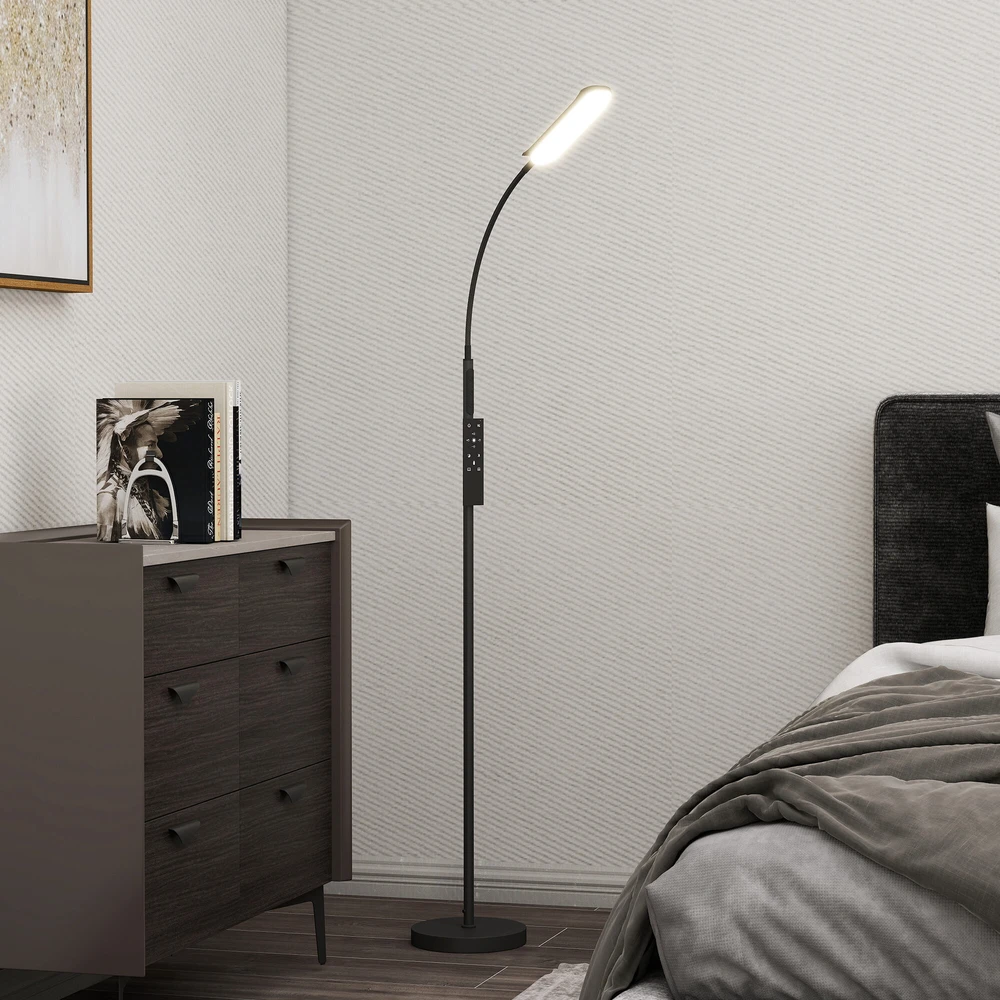 HOMCOM LED toršeras, reguliuojamas, su nuotolinio valdymo pulteliu ir jutikliniu valdymu, svetainės stovimas šviestuvas su 360° lanksčia kojele, 1 valandos laikmatis, atminties funkcija, juodas