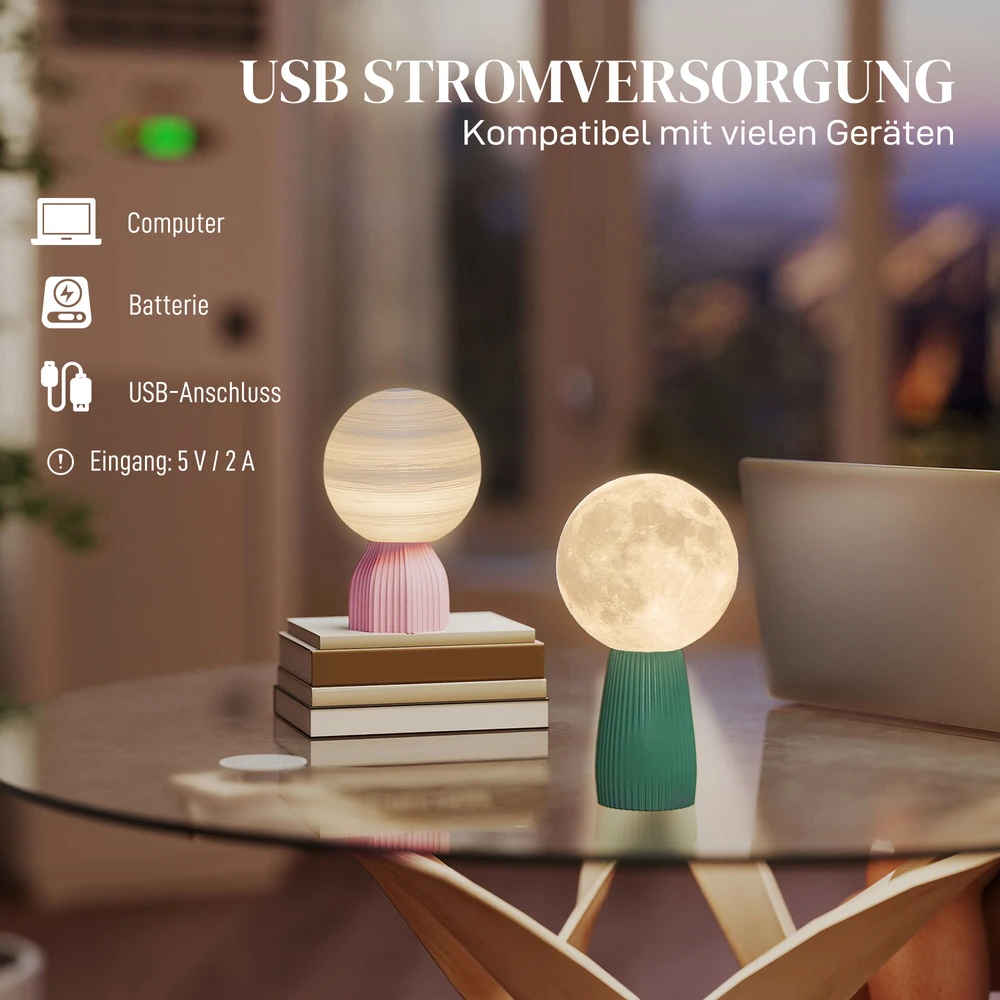 HOMCOM stalinių lempų rinkinys, planetų dizainas, 3 spalvos, USB, plastikas, baltas