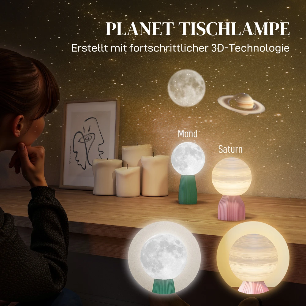 HOMCOM stalinių lempų rinkinys, planetų dizainas, 3 spalvos, USB, plastikas, baltas