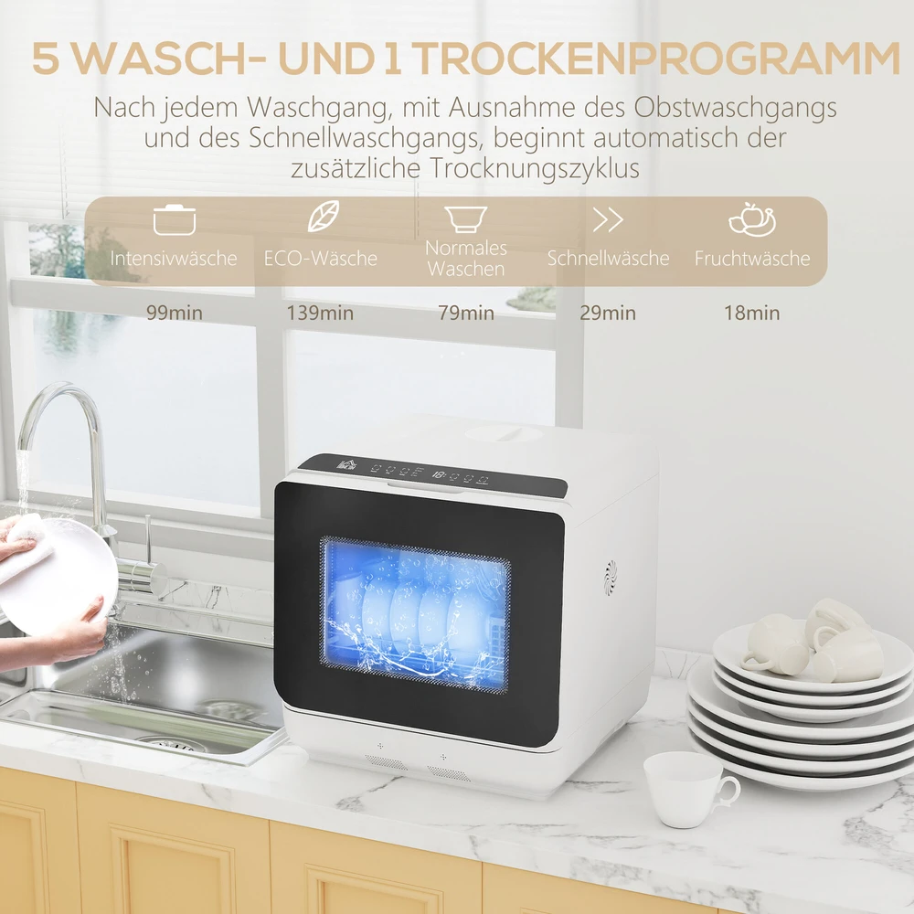 Stalų indaplovė HOMCOM, mini indaplovė su 6 litrų bakeliu, 5 programos, LED ekranas, džiovinimo funkcija, balta