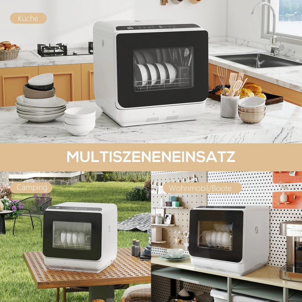 Stalų indaplovė HOMCOM, mini indaplovė su 6 litrų bakeliu, 5 programos, LED ekranas, džiovinimo funkcija, balta