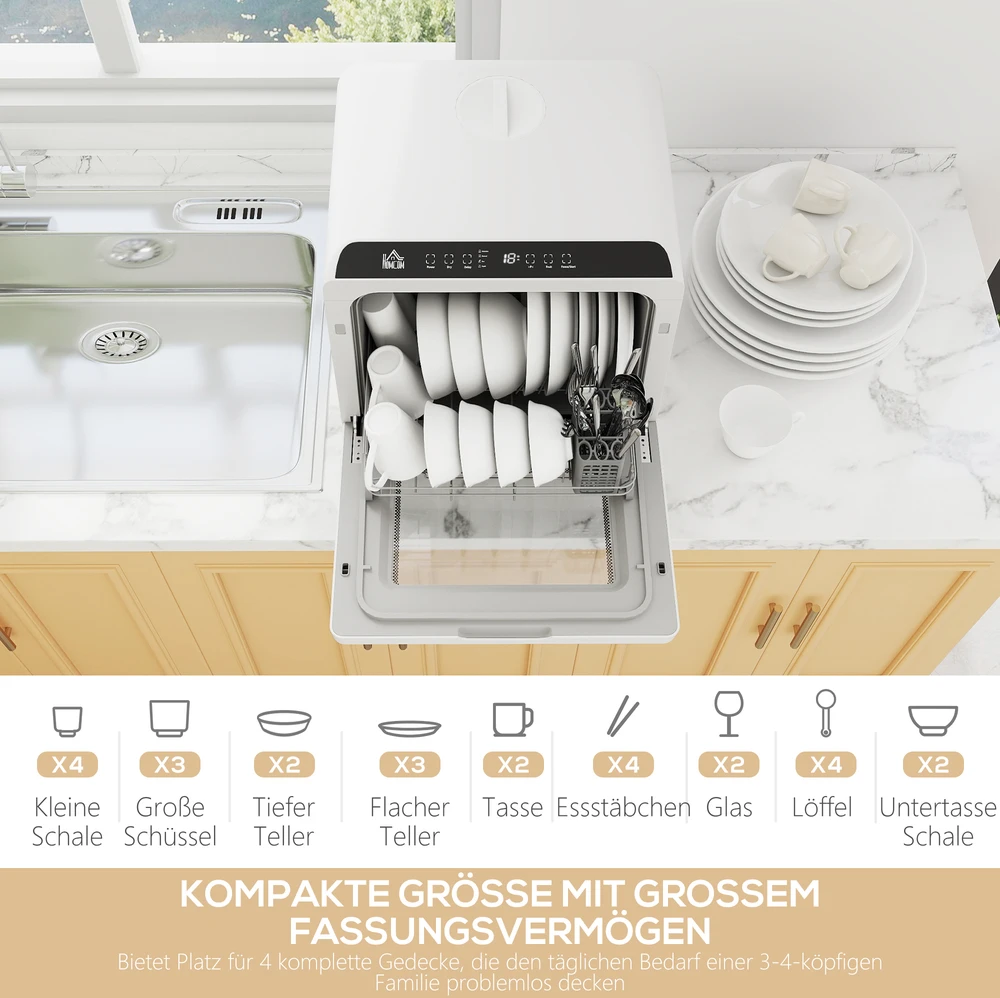 Stalų indaplovė HOMCOM, mini indaplovė su 6 litrų bakeliu, 5 programos, LED ekranas, džiovinimo funkcija, balta