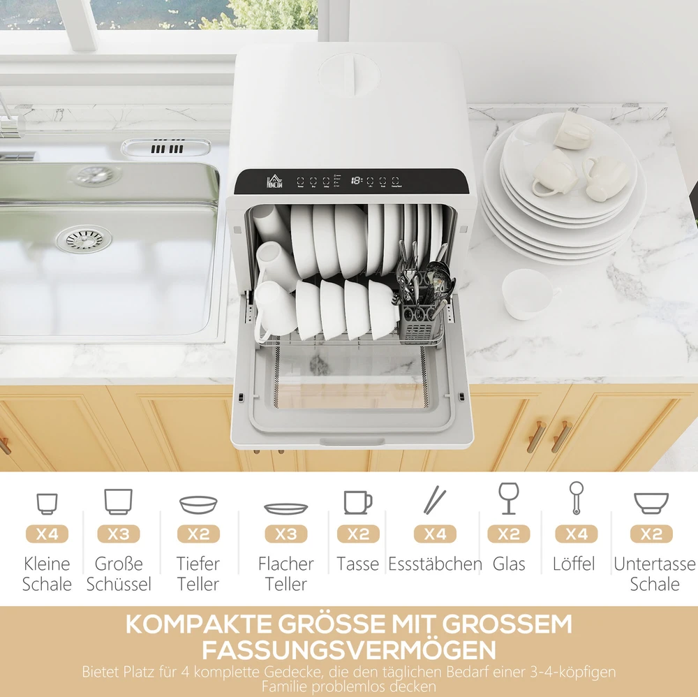Stalų indaplovė HOMCOM, mini indaplovė su 6 litrų bakeliu, 5 programos, LED ekranas, džiovinimo funkcija, balta