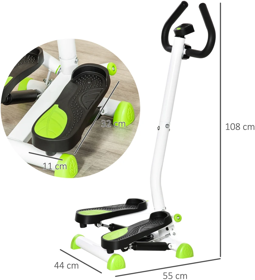 HOMCOM treniruoklis „Swing Stepper“ su LCD ekranu ir rankena, namų treniruoklis iki 100 kg, plienas, ABS, žalias, 55 x 44 x 108 cm | Aosom