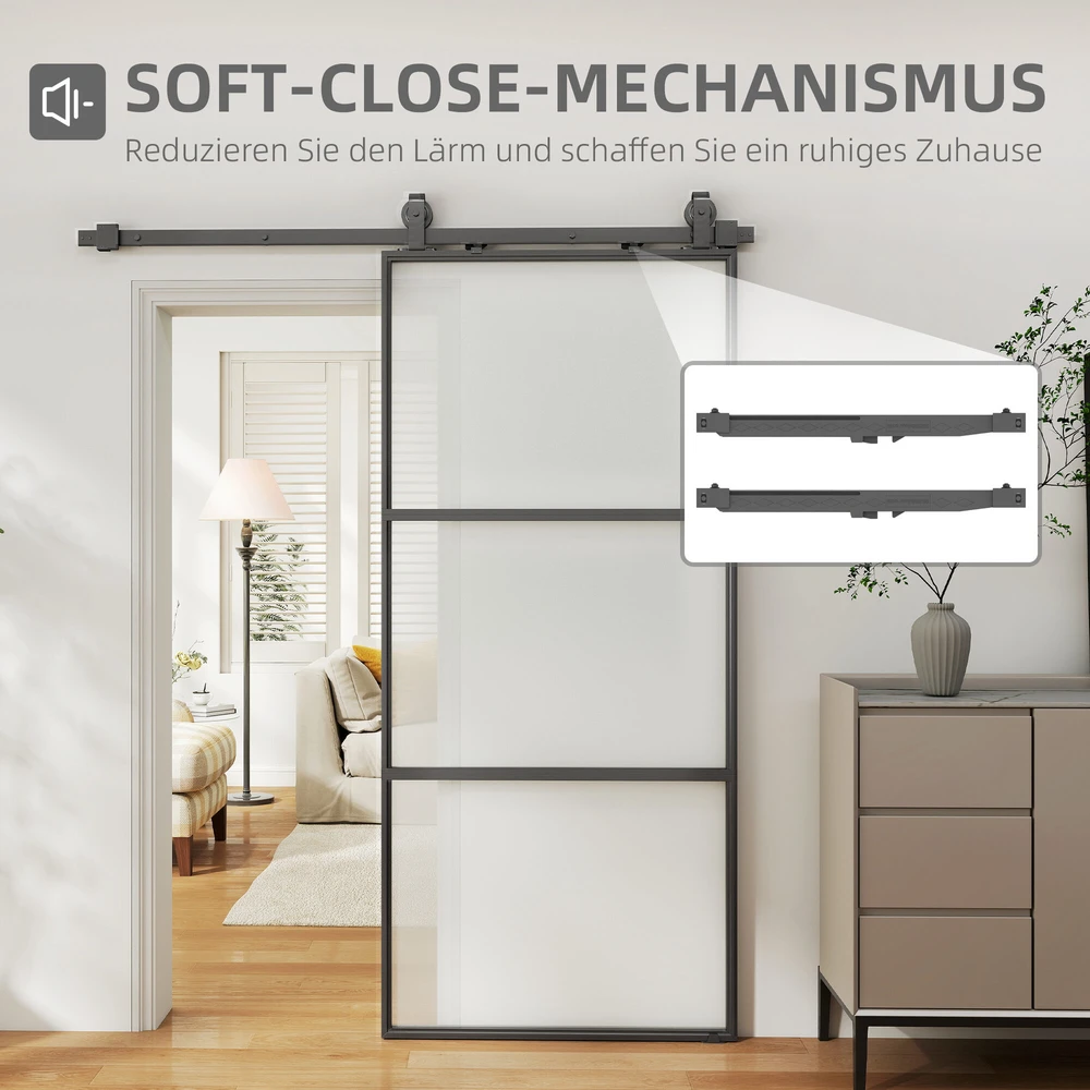 HOMCOM stumdomos durys su matiniu stiklu, bėgelių sistema, montavimo komplektu, „soft-close“ mechanizmu, juodos, plieninės