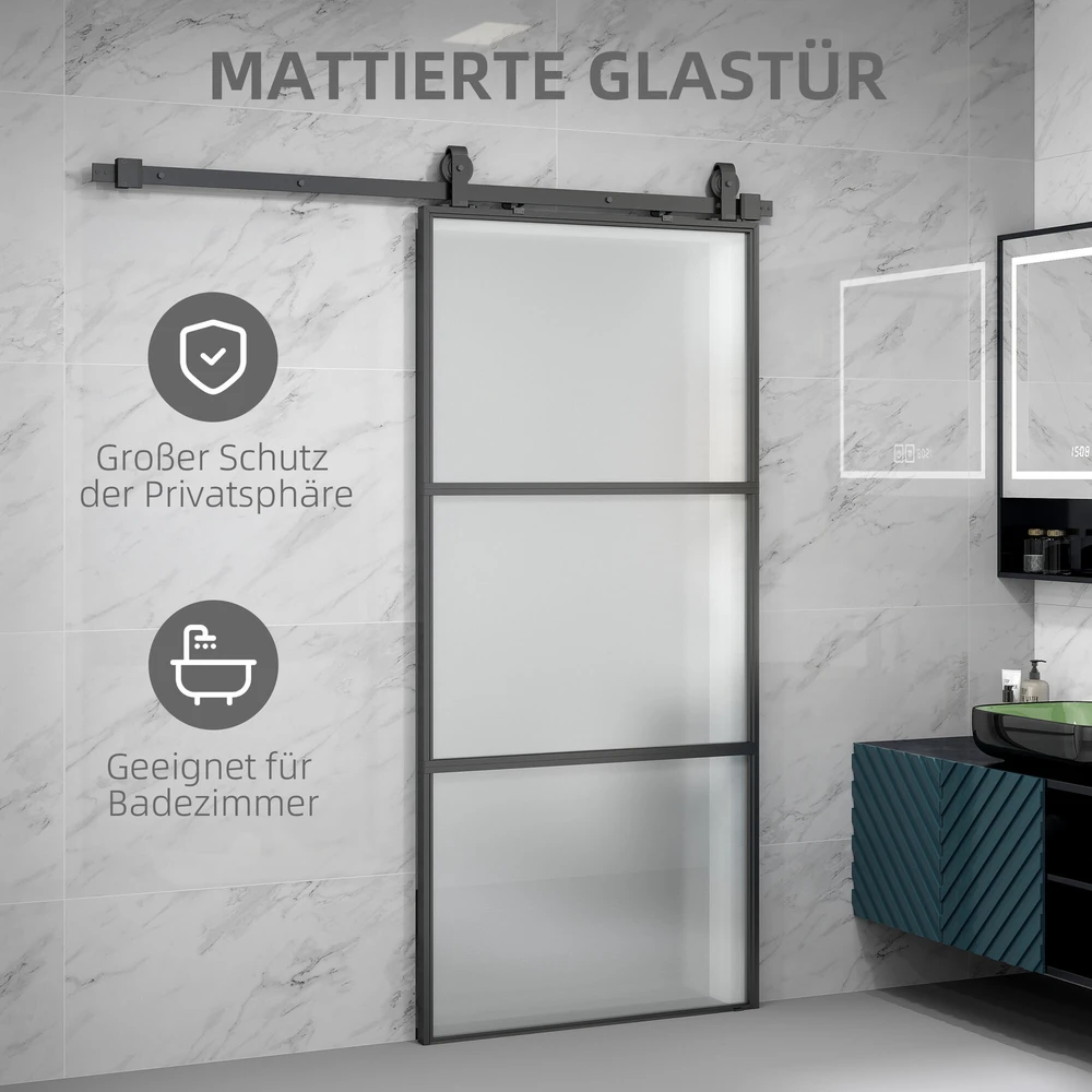 HOMCOM stumdomos durys su matiniu stiklu, bėgelių sistema, montavimo komplektu, „soft-close“ mechanizmu, juodos, plieninės