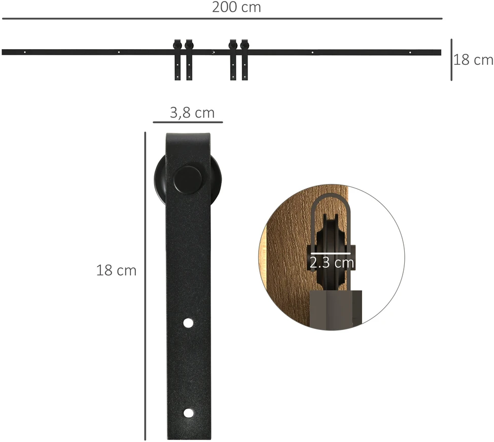 HOMCOM stumdomų durų mechanizmas dviguboms durims, bėgelis su priedais, anglinis plienas, juodas, 200x0,6x18 cm