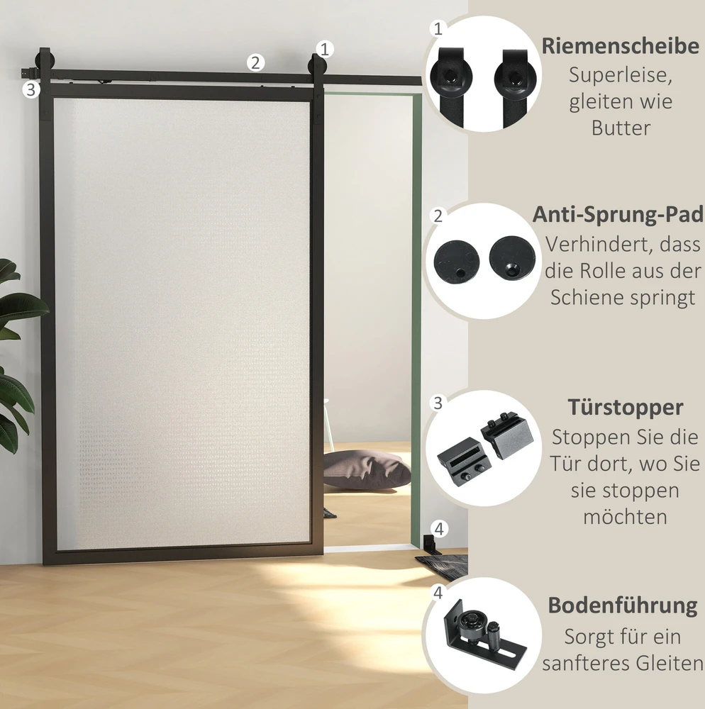 HOMCOM stumdomų durų furnitūros komplektas 244 cm, pilnas rinkinys su bėgeliais, ratukais, apsauga nuo nušokimo, durų stabdikliais, grindų kreipiančiąja, stumdomų durų sistema iš anglinio plieno, juodas