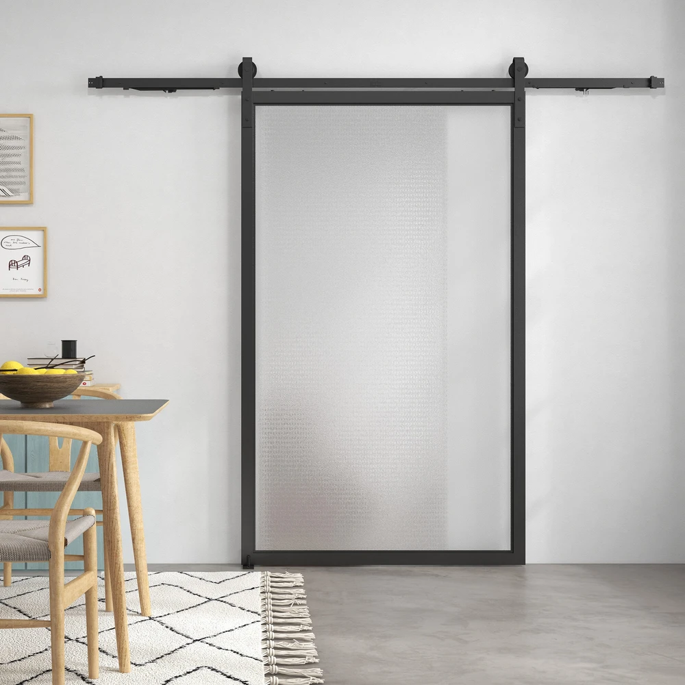 HOMCOM stumdomų durų furnitūros komplektas 244 cm, pilnas rinkinys su bėgeliais, ratukais, apsauga nuo nušokimo, durų stabdikliais, grindų kreipiančiąja, stumdomų durų sistema iš anglinio plieno, juodas