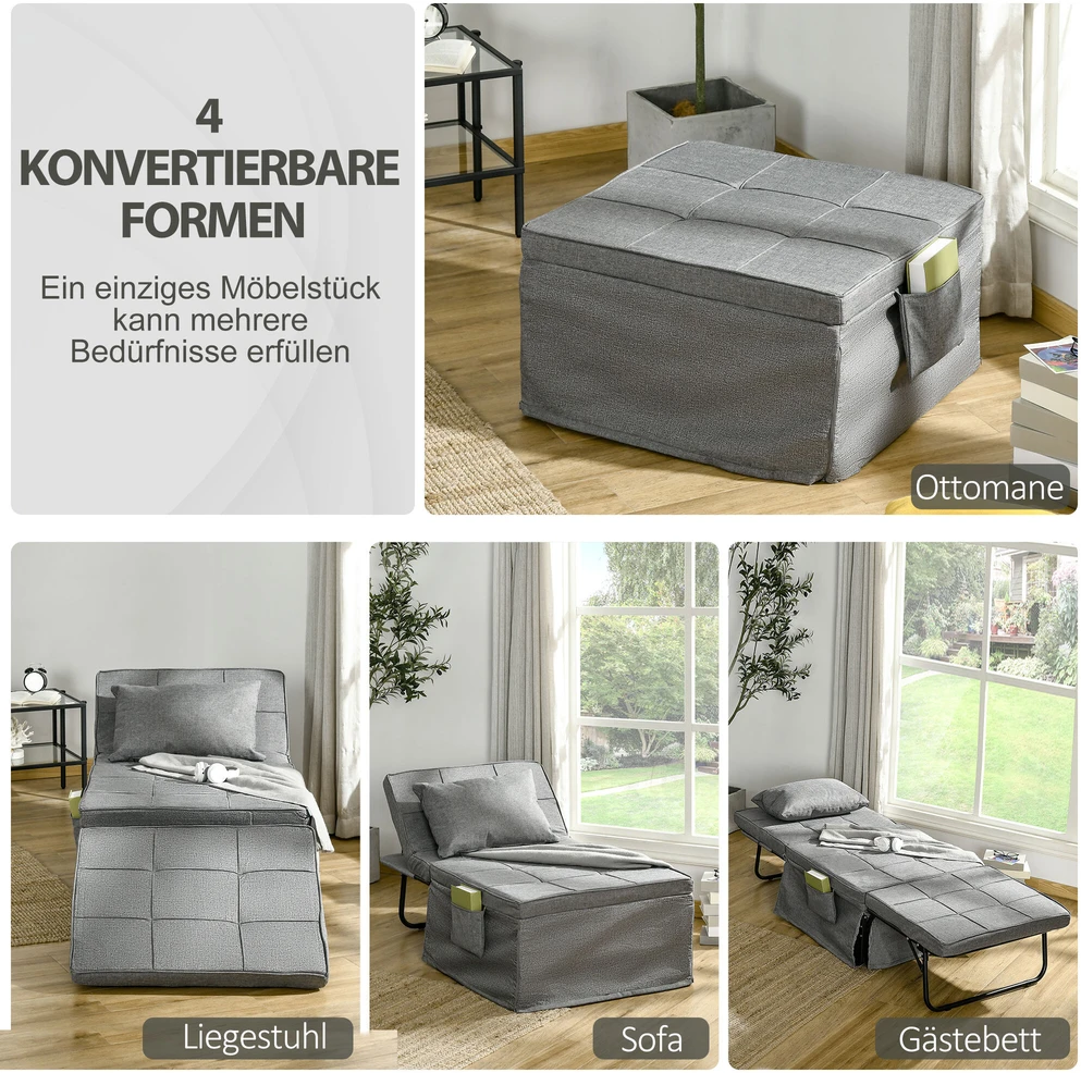 HOMCOM 4-in-1 vienvietė svečių lova, sulankstoma lova-fotelis-pufas, 8 cm čiužinys, 5 padėčių atlošas, plieno rėmas, 188x75x38 cm, pilka