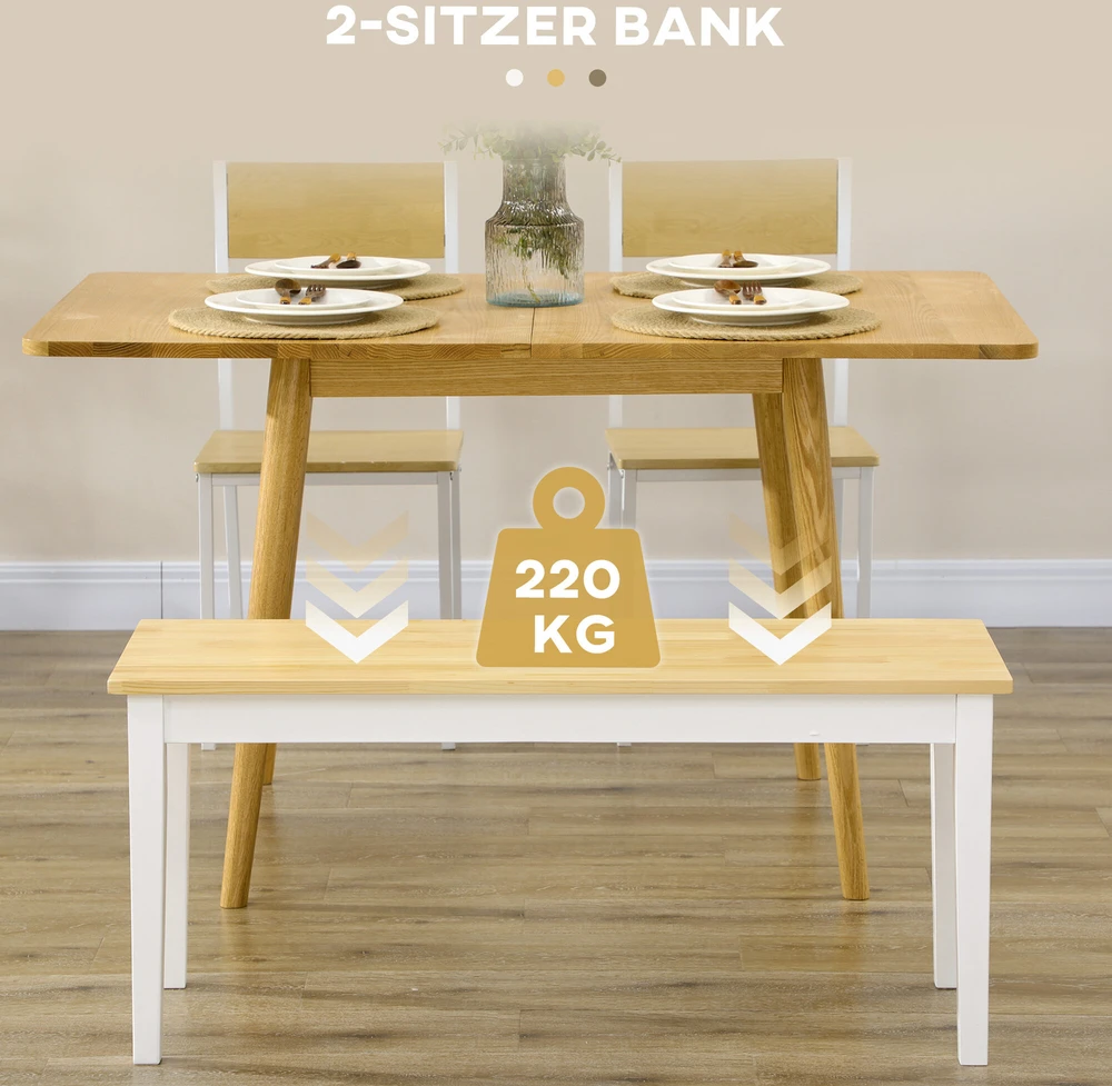 HOMCOM suoliukas, 2 vietų valgomojo suoliukas, medinis suoliukas, virtuvės suoliukas, svetainės suoliukas virtuvei, prieškambariui, išlaiko iki 220 kg, pušies mediena, baltas, 102 x 36 x 45 cm