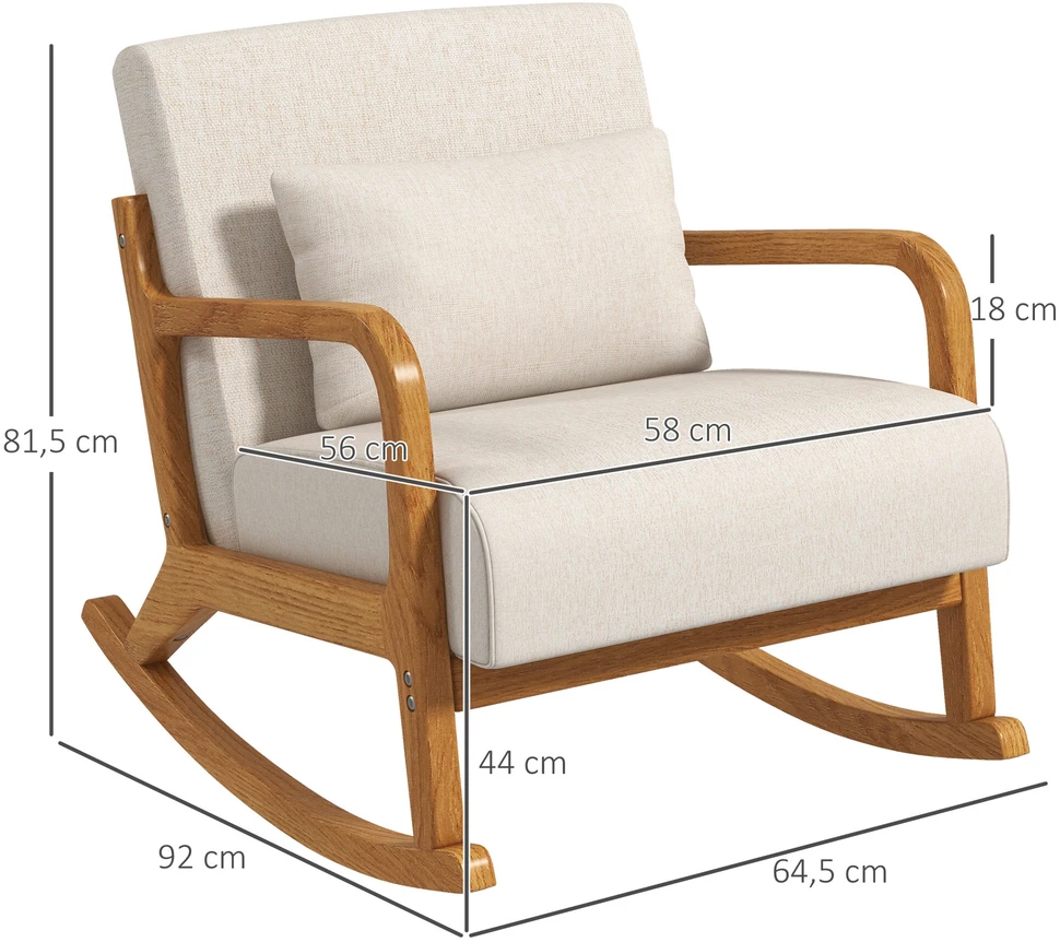 HOMCOM supamasis krėslas, supama kėdė, paminkštintas fotelis su mediniu rėmu, poilsio kėdė su porankiais, miegamajam, svetainei, kreminė