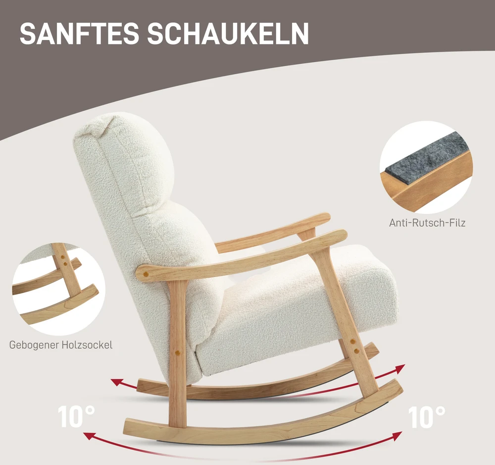 HOMCOM supamasis krėslas, ergonomiškas krėslas su siūbavimo funkcija, fotelis su porankiais, krėslas maitinimui su aksomo išvaizda, supamasis krėslas iki 120 kg, miegamajam, svetainei, kreminės baltos spalvos