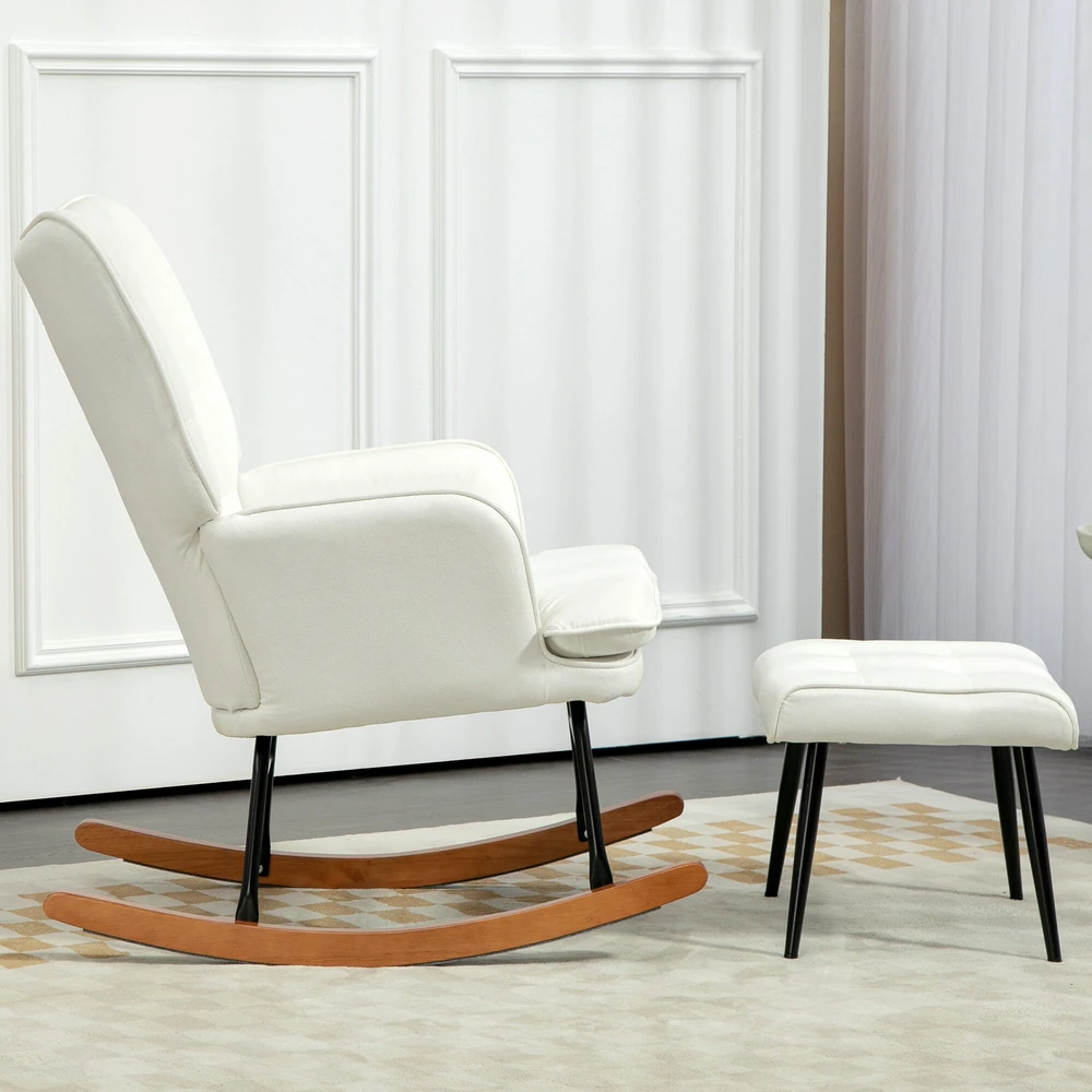 HOMCOM supamasis krėslas, iki 130 kg, supamasis krėslas su taburete, fotelis, slaugos krėslas su linine išvaizda, miegamojo supamasis krėslas