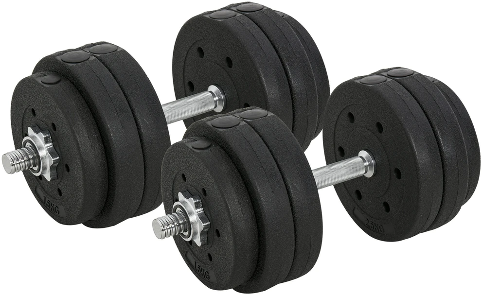 HOMCOM 30 kg hantelių rinkinys su svoriais – plieno, neslidus, juodas, tinkamas namams ir sporto salėms