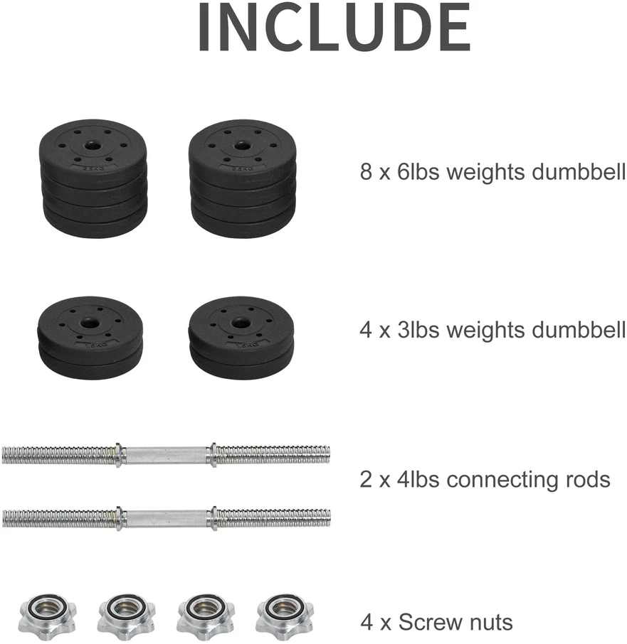 HOMCOM 30 kg hantelių rinkinys su svoriais – plieno, neslidus, juodas, tinkamas namams ir sporto salėms