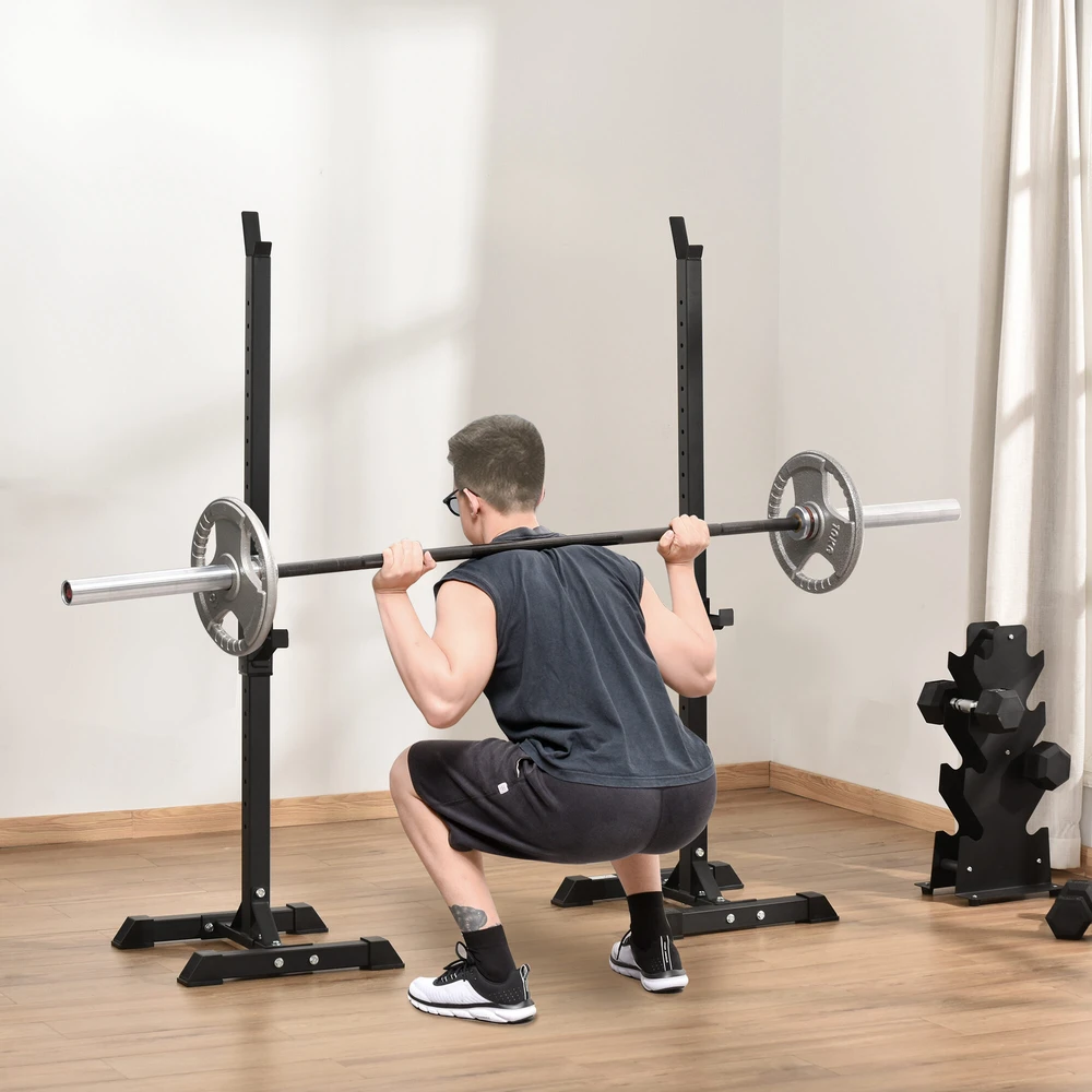 "HOMCOM" Stovas štangoms, 2 vnt., stovas štangoms, reguliuojamo aukščio stovas štangoms, štangos su guminėmis kojelėmis, 105-160 cm, jėgos treniruotėms, iki 150 kg, plienas