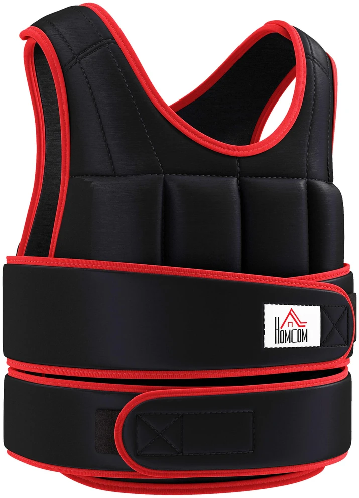 HOMCOM 20 kg treniruočių liemenė, reguliuojama su dvigubais diržais, jėgos treniruotėms, fitnesui, Oksfordo audinys, metalo smėlis, juoda+raudona, 60 x 50 cm