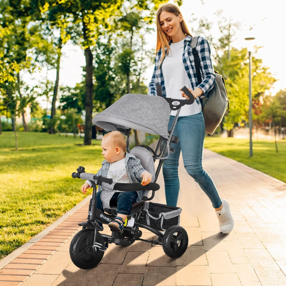 HOMCOM 6in1 triratis stumti baras vaikų triratis nuimamas stogelis nuo saulės 5 taškų saugos diržai krepšelis puodelio laikiklis 1-5 metų pilka