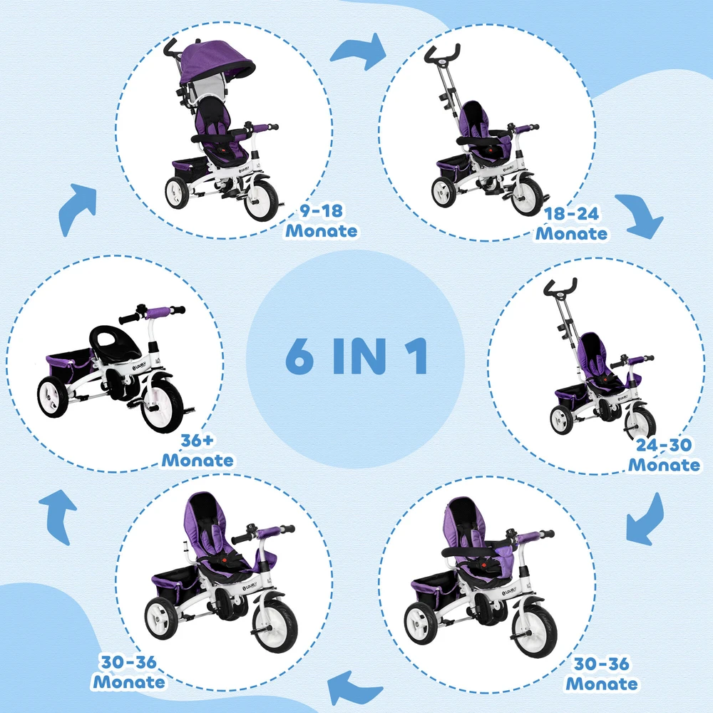 HOMCOM 6-in-1 triratis su stumiamąja rankena, vaikiškas triratis su nuimamu stogeliu nuo saulės, balansinis dviratis su 5 taškų saugos diržais, krepšiu, gėrimų laikikliu, skirtas 1-5 metų vaikams, violetinė spalva