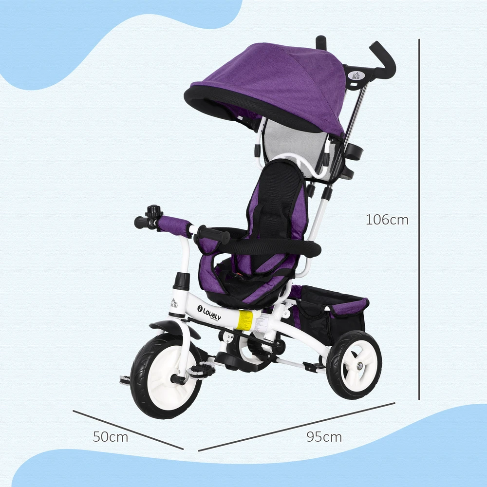 HOMCOM 6-in-1 triratis su stumiamąja rankena, vaikiškas triratis su nuimamu stogeliu nuo saulės, balansinis dviratis su 5 taškų saugos diržais, krepšiu, gėrimų laikikliu, skirtas 1-5 metų vaikams, violetinė spalva