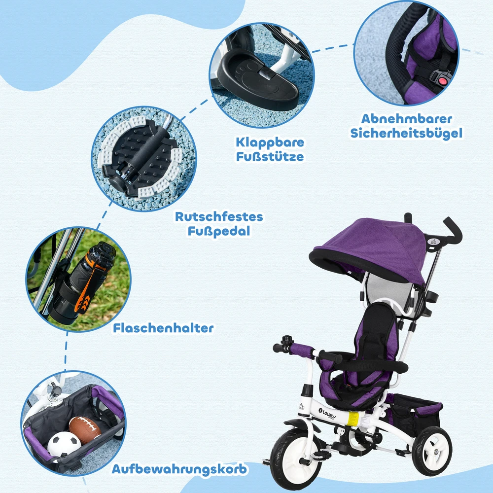 HOMCOM 6-in-1 triratis su stumiamąja rankena, vaikiškas triratis su nuimamu stogeliu nuo saulės, balansinis dviratis su 5 taškų saugos diržais, krepšiu, gėrimų laikikliu, skirtas 1-5 metų vaikams, violetinė spalva