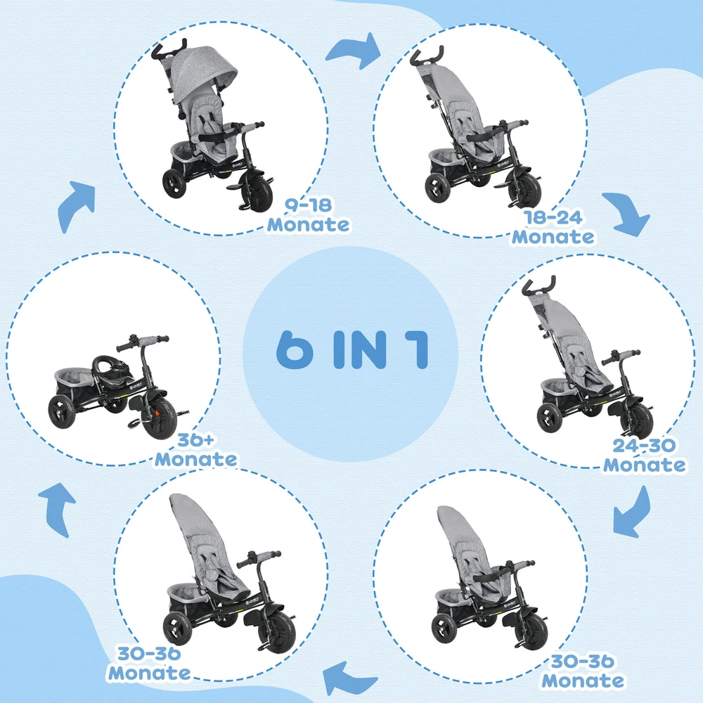 HOMCOM 6-in-1 triratis su stumiamąja rankena, vaikiškas triratis su nuimamu stogeliu nuo saulės, pagalvėle, stumdukas su 5 taškų saugos diržais, krepšeliu, puodelių laikikliu, skirtas 1-5 metų vaikams, pilkas