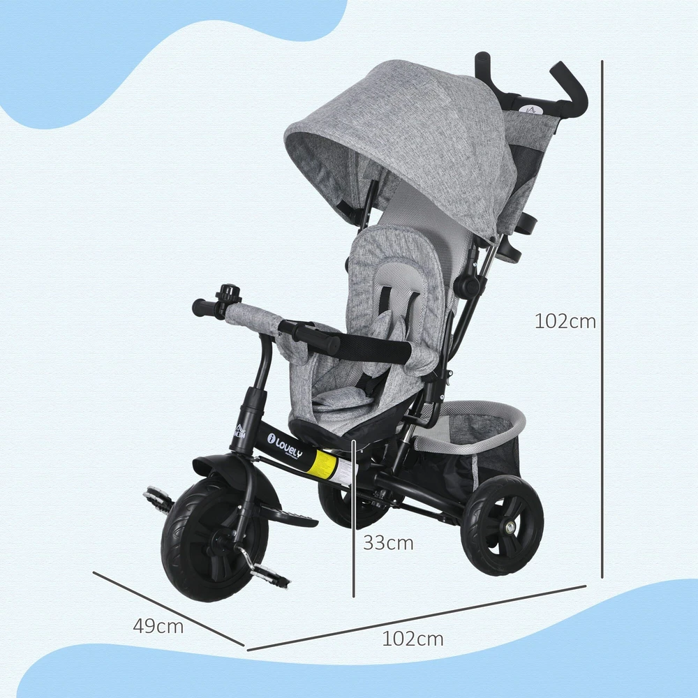HOMCOM 6-in-1 triratis su stumiamąja rankena, vaikiškas triratis su nuimamu stogeliu nuo saulės, pagalvėle, stumdukas su 5 taškų saugos diržais, krepšeliu, puodelių laikikliu, skirtas 1-5 metų vaikams, pilkas