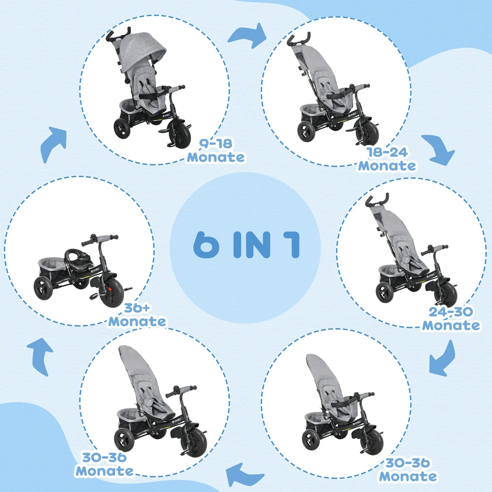 HOMCOM 6-in-1 triratis su stumiamąja rankena, vaikiškas triratis su nuimamu stogeliu nuo saulės, pagalvėle, stumdukas su 5 taškų saugos diržais, krepšeliu, puodelių laikikliu, skirtas 1-5 metų vaikams, pilkas