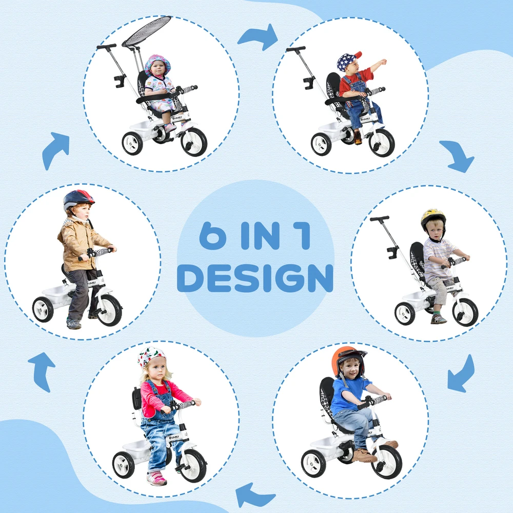 HOMCOM 6-in-1 triratukas su stūmimo rankena, nuimamu stogeliu, reguliuojamas, su puodelio laikikliu ir krepšeliu, 1-5 metams, baltas