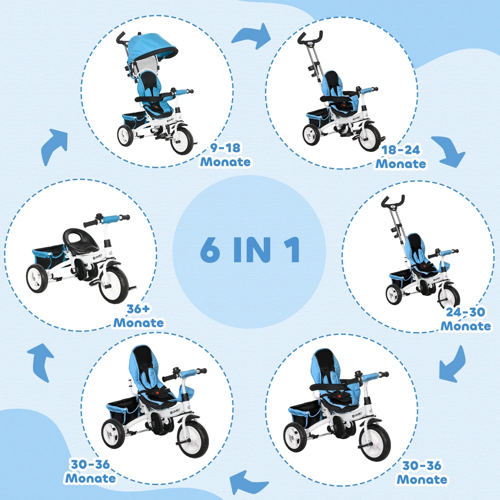 HOMCOM 6-in-1 triratukas su stūmimo rankena, vaikiškas triratukas su nuimamu stogeliu, dviratukas su 5 taškų saugos diržais, krepšeliu, gėrimų laikikliu, 1-5 metų vaikams, mėlynas