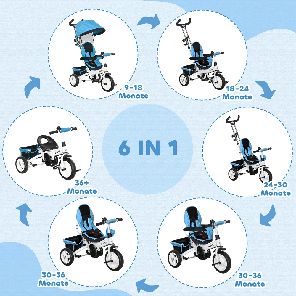 HOMCOM 6-in-1 triratukas su stūmimo rankena, vaikiškas triratukas su nuimamu stogeliu, dviratukas su 5 taškų saugos diržais, krepšeliu, gėrimų laikikliu, 1-5 metų vaikams, mėlynas