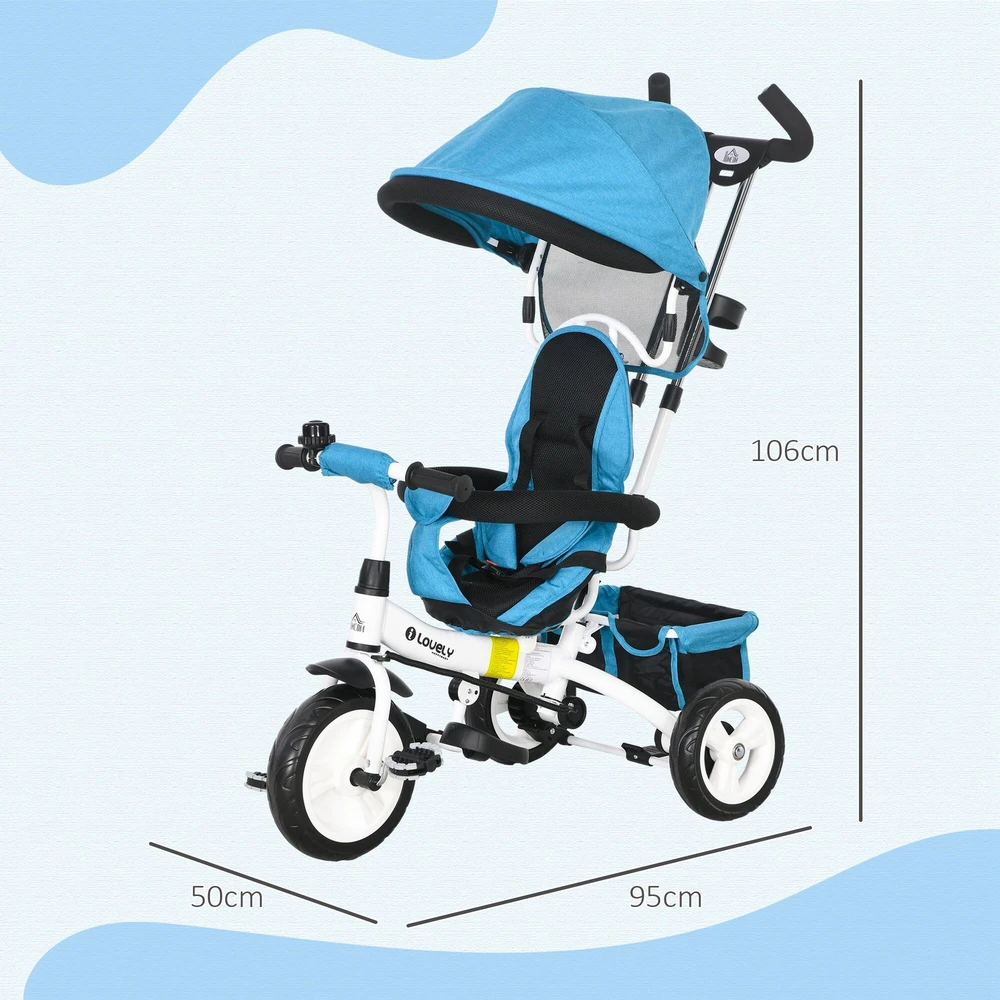 HOMCOM 6-in-1 triratukas su stūmimo rankena, vaikiškas triratukas su nuimamu stogeliu, dviratukas su 5 taškų saugos diržais, krepšeliu, gėrimų laikikliu, 1-5 metų vaikams, mėlynas
