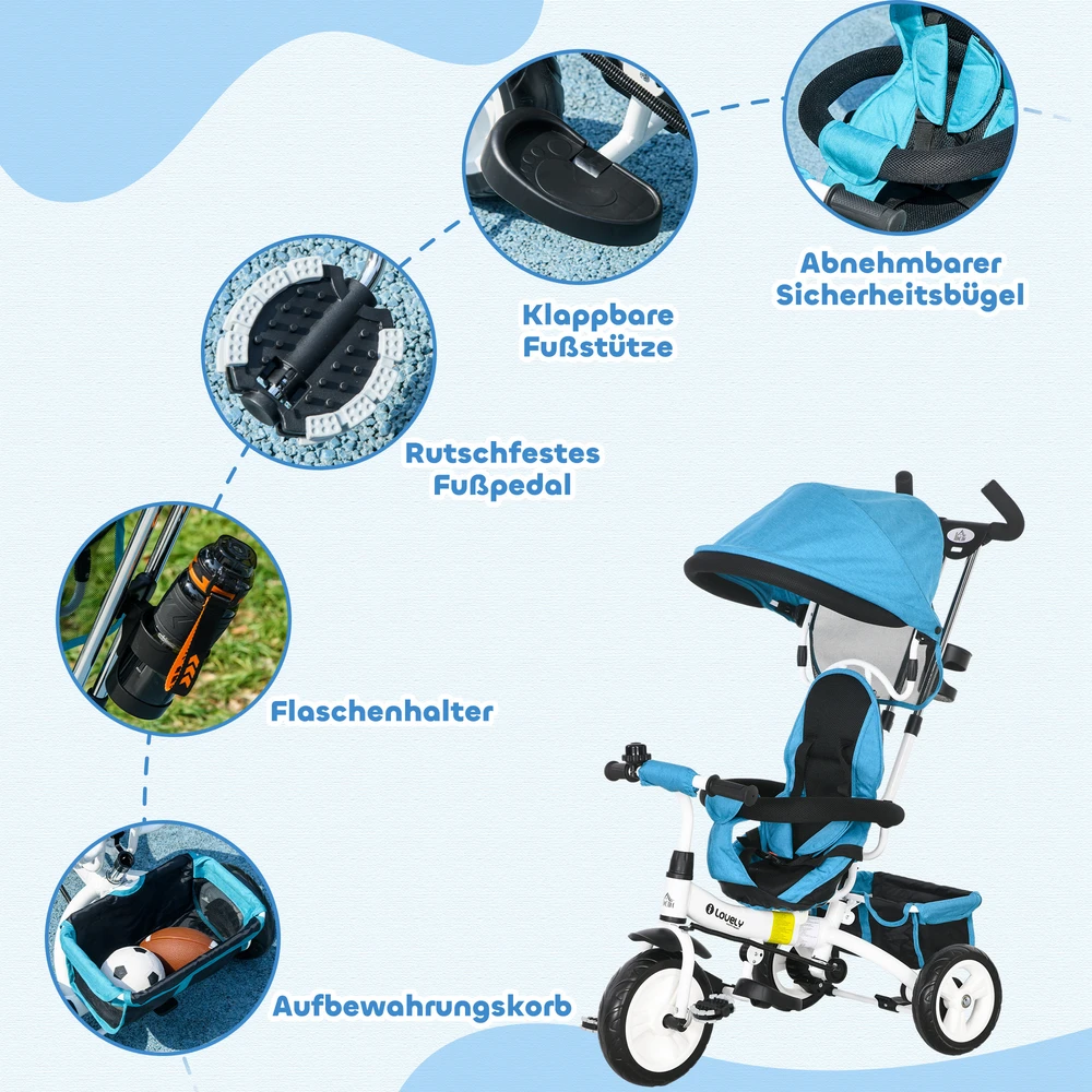 HOMCOM 6-in-1 triratukas su stūmimo rankena, vaikiškas triratukas su nuimamu stogeliu, dviratukas su 5 taškų saugos diržais, krepšeliu, gėrimų laikikliu, 1-5 metų vaikams, mėlynas