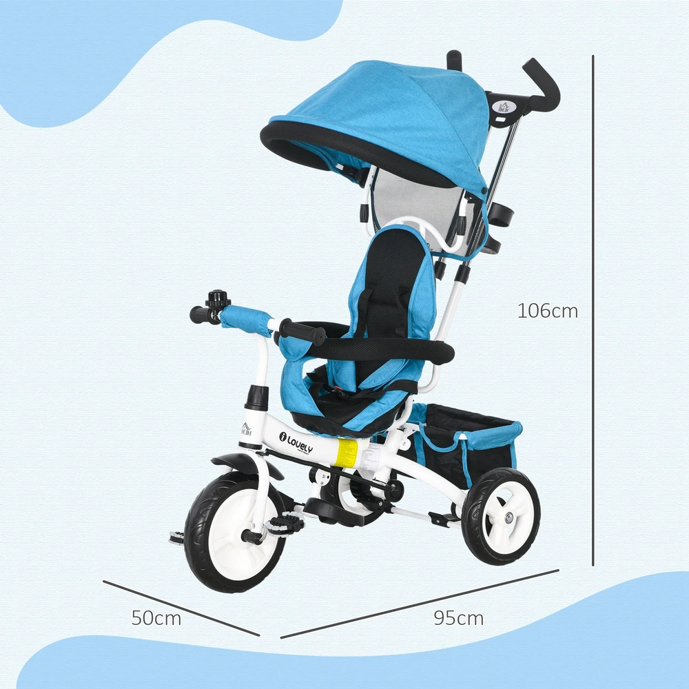 HOMCOM 6-in-1 triratukas su stūmimo rankena, vaikiškas triratukas su nuimamu stogeliu, dviratukas su 5 taškų saugos diržais, krepšeliu, gėrimų laikikliu, 1-5 metų vaikams, mėlynas