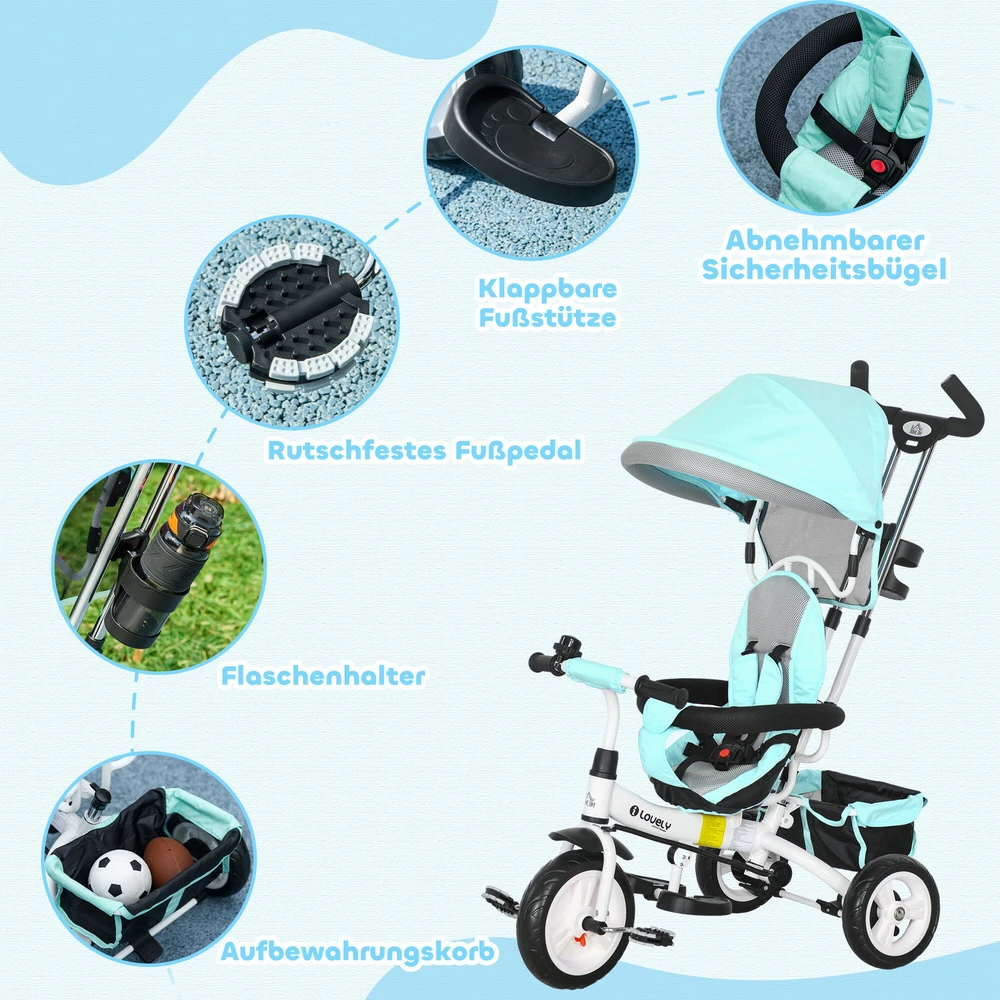 HOMCOM 6-in-1 triratukas su stumiamąja rankena, vaikų triratukas su nuimamu stogeliu nuo saulės, su 5 taškų saugos diržais, krepšiu, gėrimų laikikliu, skirtas 1-5 metų vaikams, žalias
