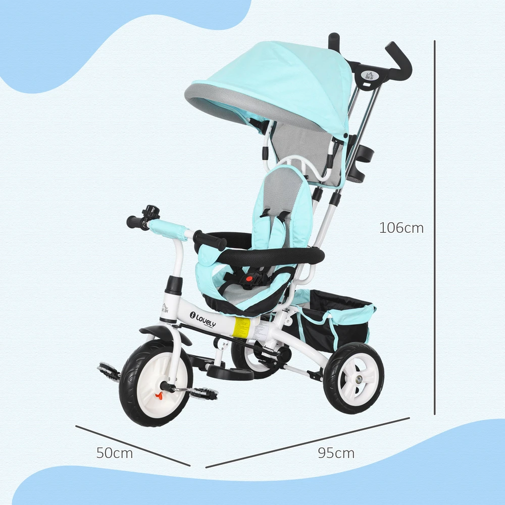 HOMCOM 6-in-1 triratukas su stumiamąja rankena, vaikų triratukas su nuimamu stogeliu nuo saulės, su 5 taškų saugos diržais, krepšiu, gėrimų laikikliu, skirtas 1-5 metų vaikams, žalias