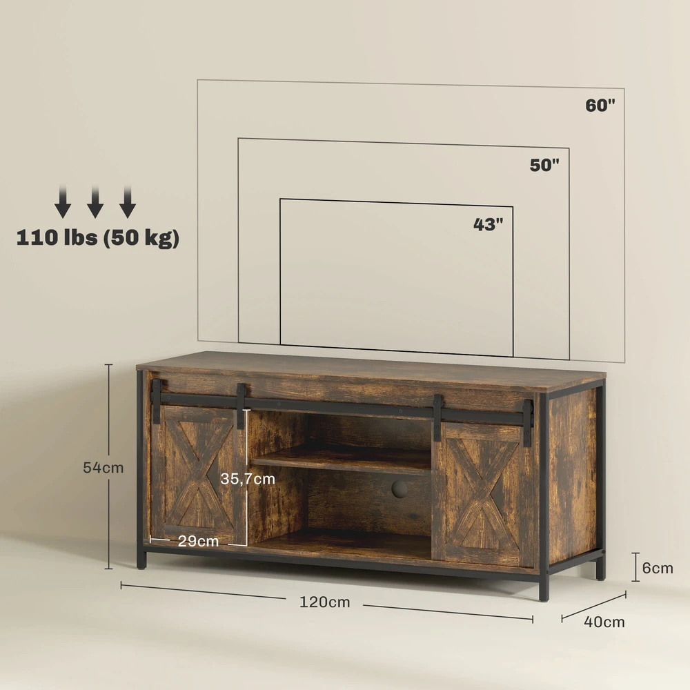 TV staliukas HOMCOM TV spintelė, televizoriaus staliukas iki 60 colių televizoriams, televizoriaus stovas su 2 spintelėmis ir 2 lentynomis, televizoriaus spintelė svetainei, 120 x 40 x 54 cm, ruda